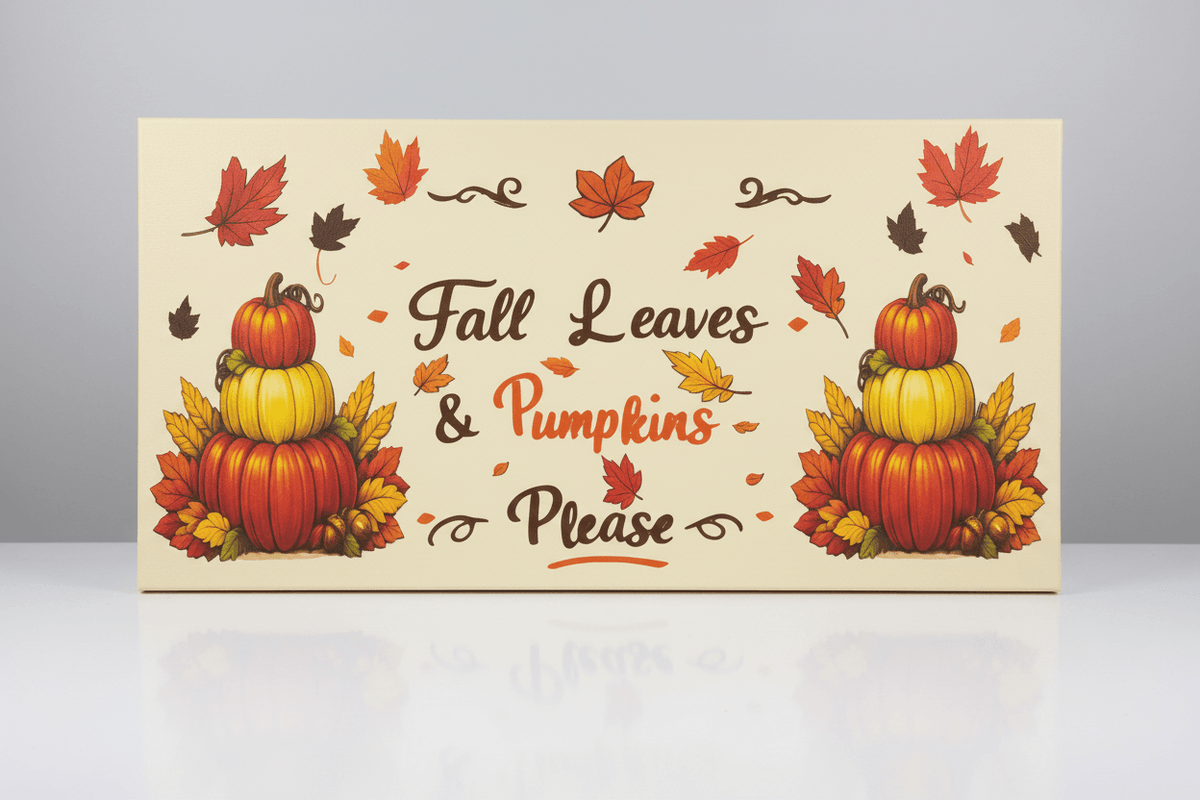 Fall Leaves & Pumpkins Please – Handmade 12x24x1 Canvas Sign - The Bargains BasementFall Leaves & Pumpkins Please – Handmade 12x24x1 Canvas Sign