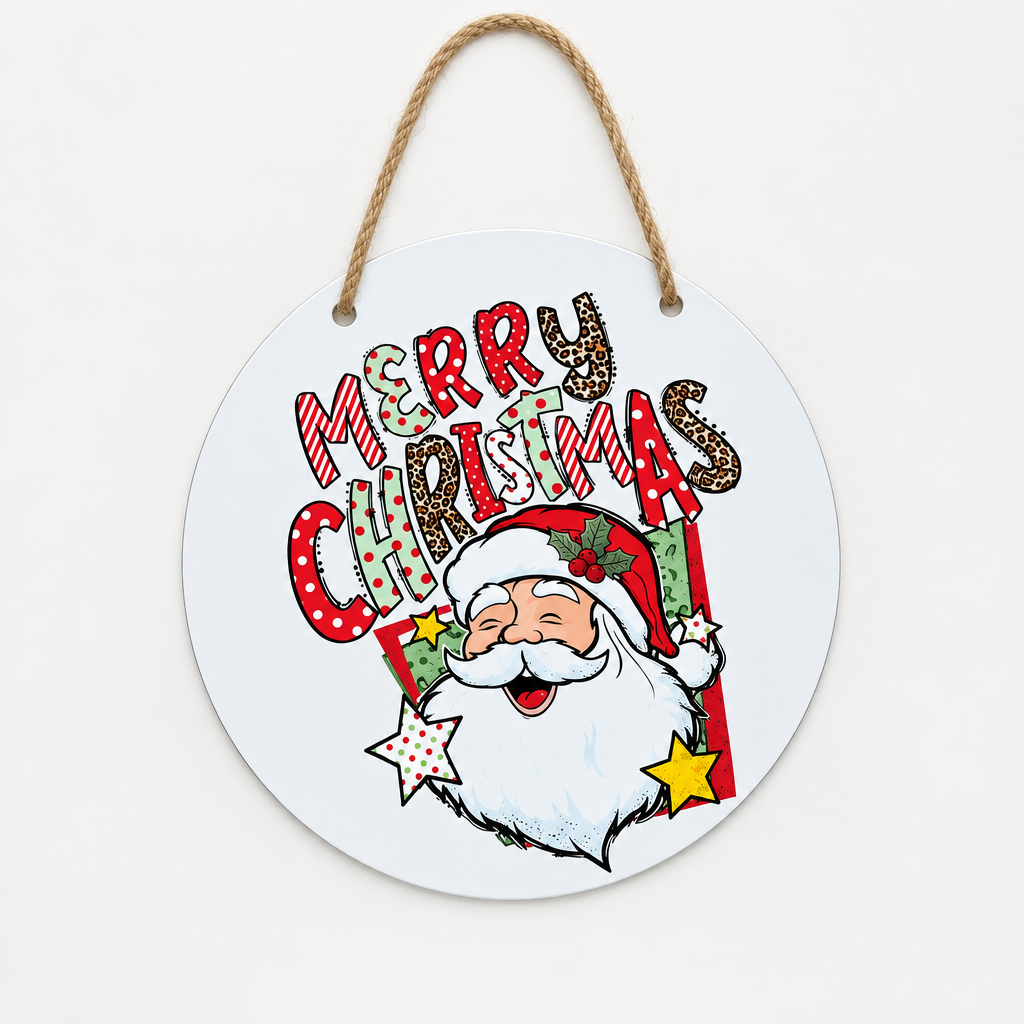 Flat front view of the Merry Christmas round metal sign with Santa and stars