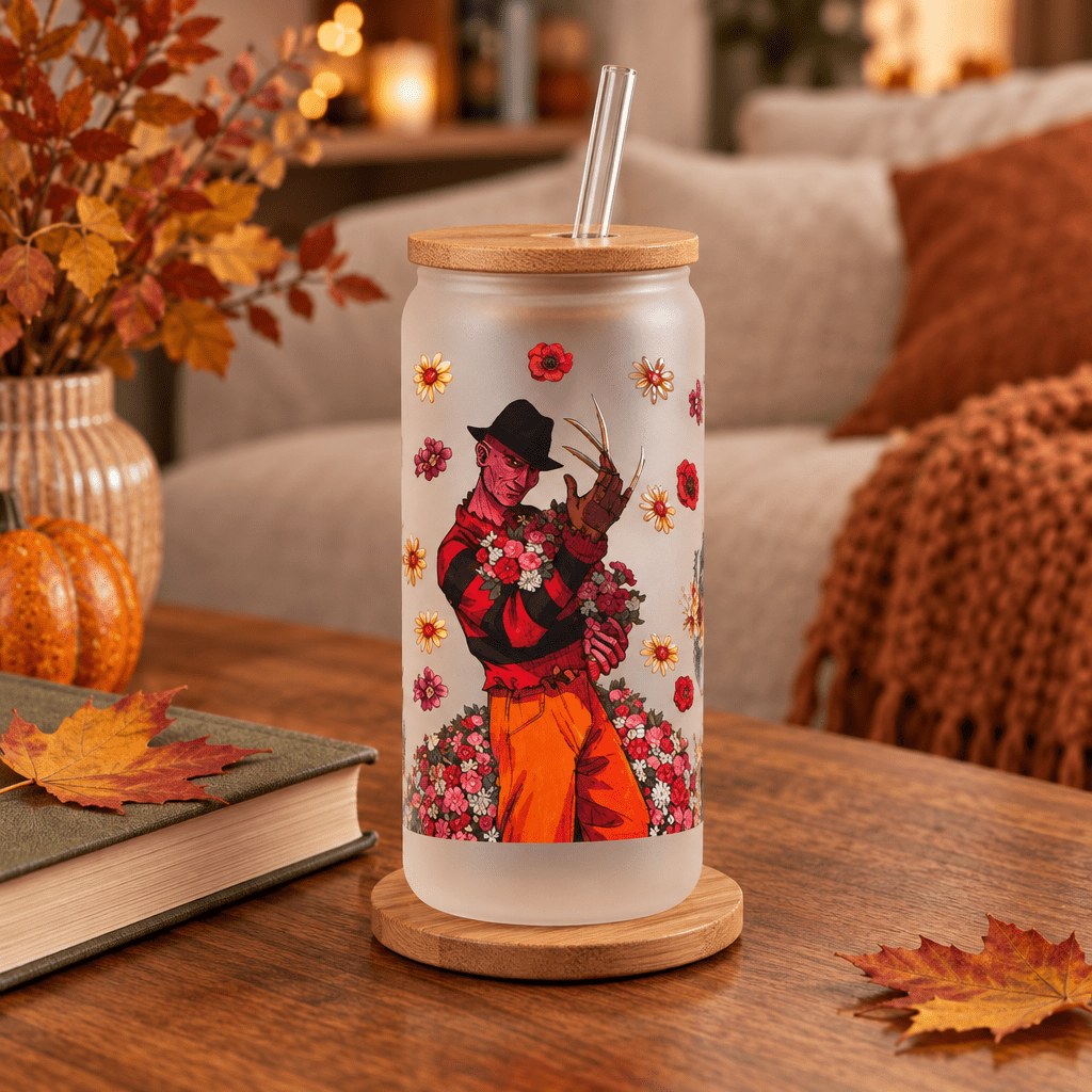 Floral Horror Villains Frosted Glass Tumbler with Bamboo Lid and Straw - The Bargains BasementFloral Horror Villains Frosted Glass Tumbler with Bamboo Lid and Straw