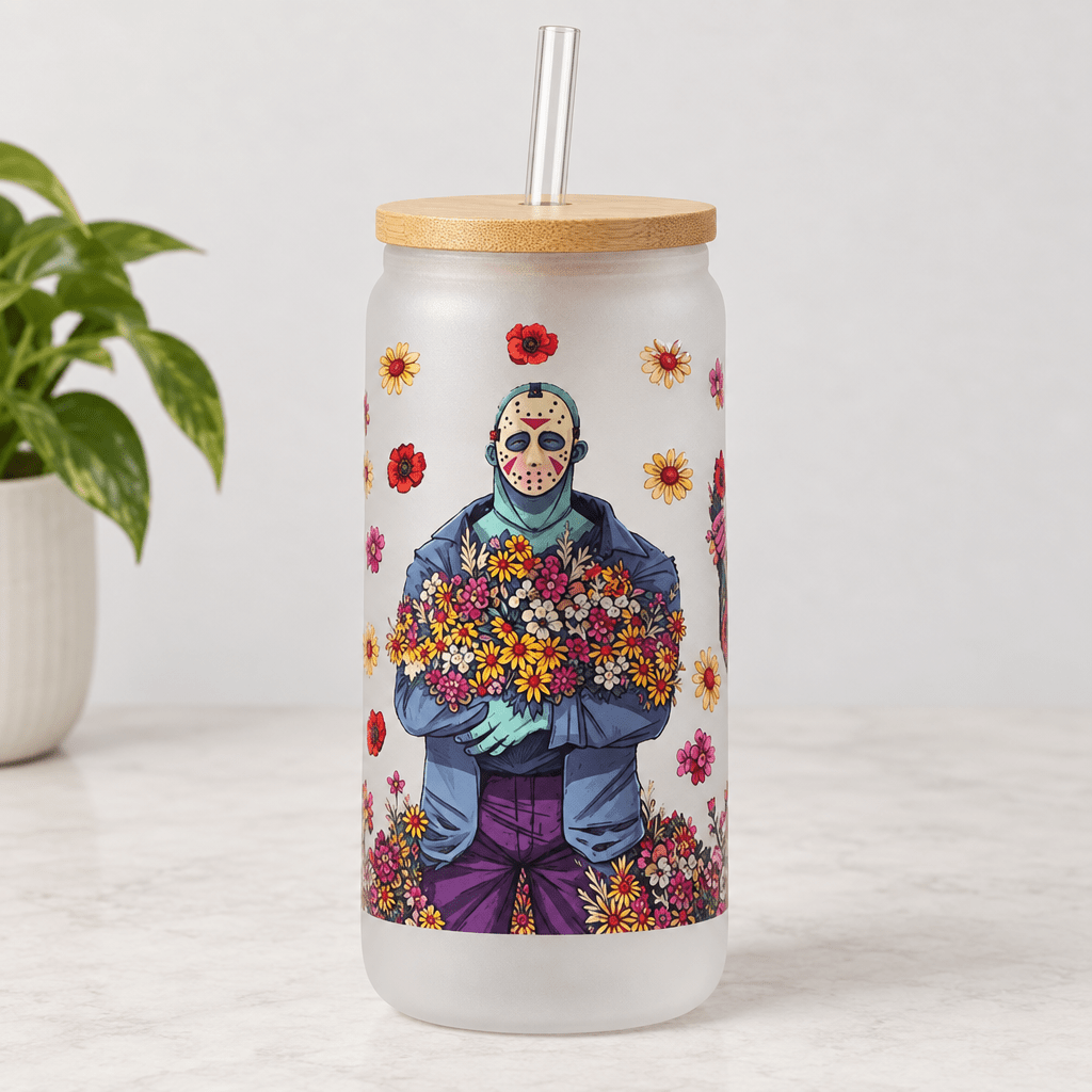 Floral Horror Villains Frosted Glass Tumbler with Bamboo Lid and Straw - The Bargains BasementFloral Horror Villains Frosted Glass Tumbler with Bamboo Lid and Straw
