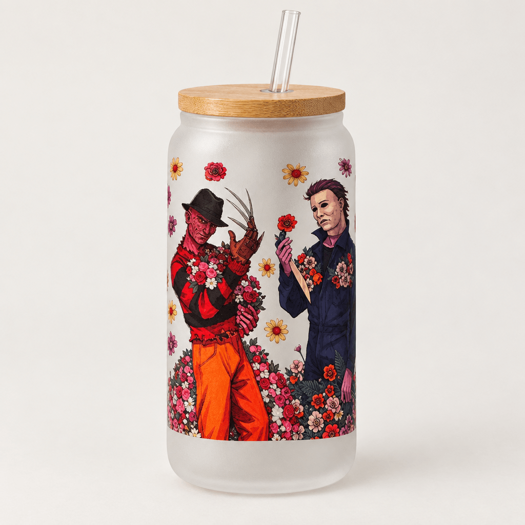 Floral Horror Villains Frosted Glass Tumbler with Bamboo Lid and Straw - The Bargains BasementFloral Horror Villains Frosted Glass Tumbler with Bamboo Lid and Straw