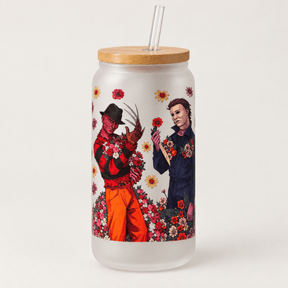 Floral Horror Villains Frosted Glass Tumbler with Bamboo Lid and Straw - The Bargains BasementFloral Horror Villains Frosted Glass Tumbler with Bamboo Lid and Straw