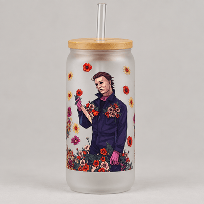 Floral Horror Villains Frosted Glass Tumbler with Bamboo Lid and Straw - The Bargains BasementFloral Horror Villains Frosted Glass Tumbler with Bamboo Lid and Straw