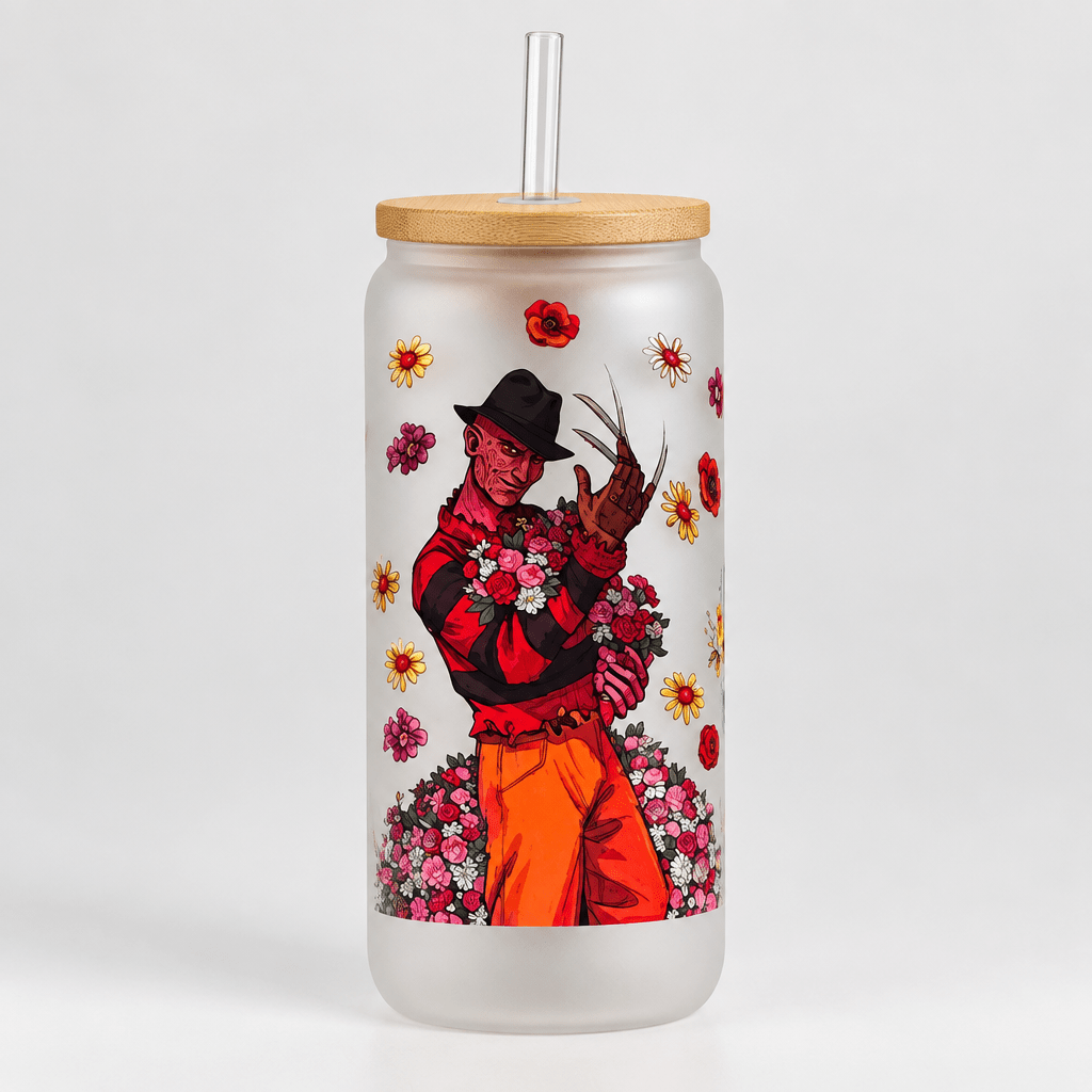 Floral Horror Villains Frosted Glass Tumbler with Bamboo Lid and Straw - The Bargains BasementFloral Horror Villains Frosted Glass Tumbler with Bamboo Lid and Straw