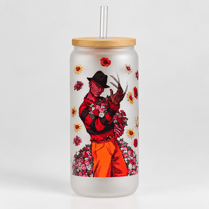 Floral Horror Villains Frosted Glass Tumbler with Bamboo Lid and Straw - The Bargains BasementFloral Horror Villains Frosted Glass Tumbler with Bamboo Lid and Straw