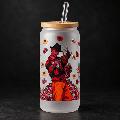 Floral Horror Villains Frosted Glass Tumbler with Bamboo Lid and Straw - The Bargains BasementFloral Horror Villains Frosted Glass Tumbler with Bamboo Lid and Straw