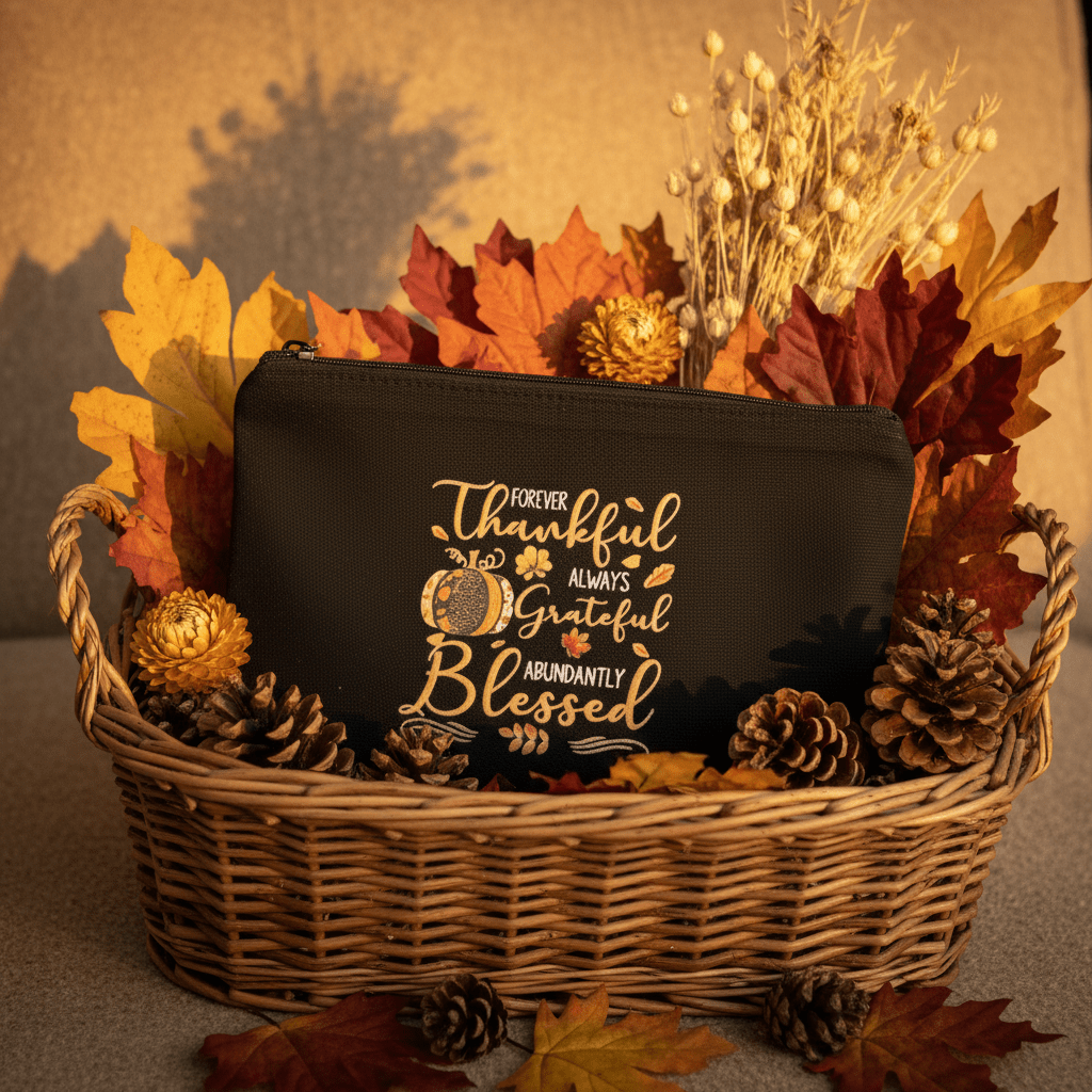 Forever Thankful Always Grateful Abundantly Blessed Canvas Zipper Pouch - The Bargains BasementForever Thankful Always Grateful Abundantly Blessed Canvas Zipper Pouch