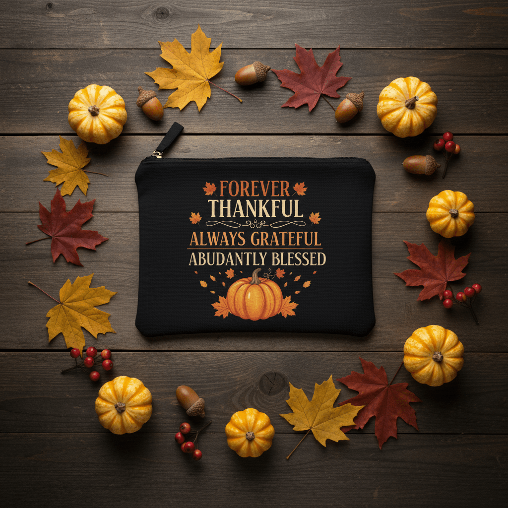 Forever Thankful Always Grateful Abundantly Blessed Canvas Zipper Pouch - The Bargains BasementForever Thankful Always Grateful Abundantly Blessed Canvas Zipper Pouch