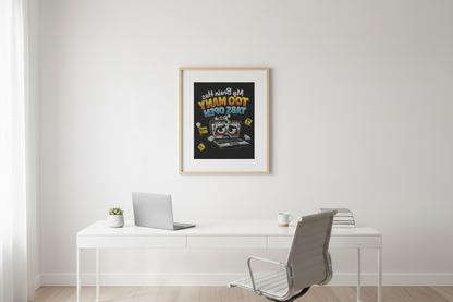 Funny canvas print for stressed minds displayed in a modern office setting, featuring an overwhelmed laptop design.