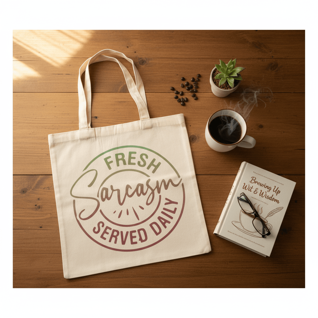 Fresh Sarcasm Served Daily funny canvas tote bag on wooden table with coffee and book