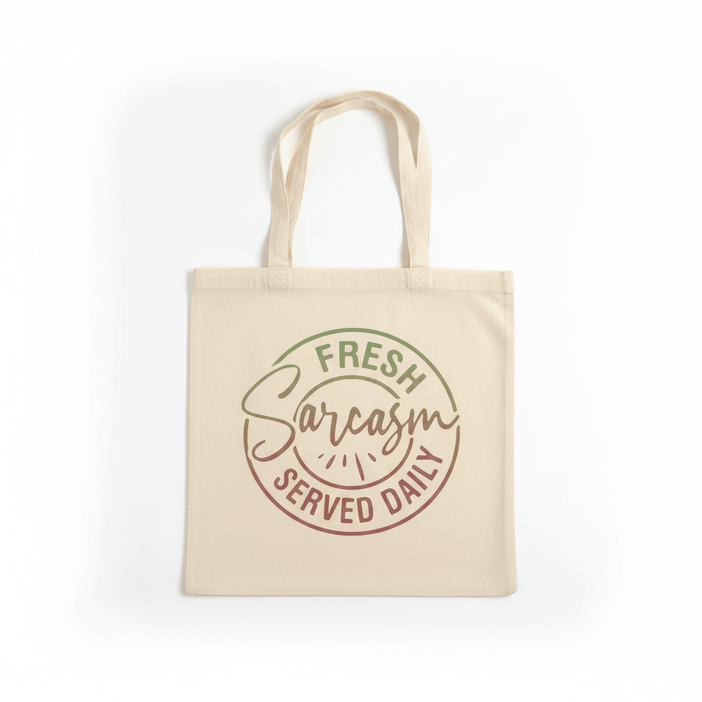Funny canvas tote bag featuring a bold graphic reading 'Fresh Sarcasm Served Daily' in green and red.