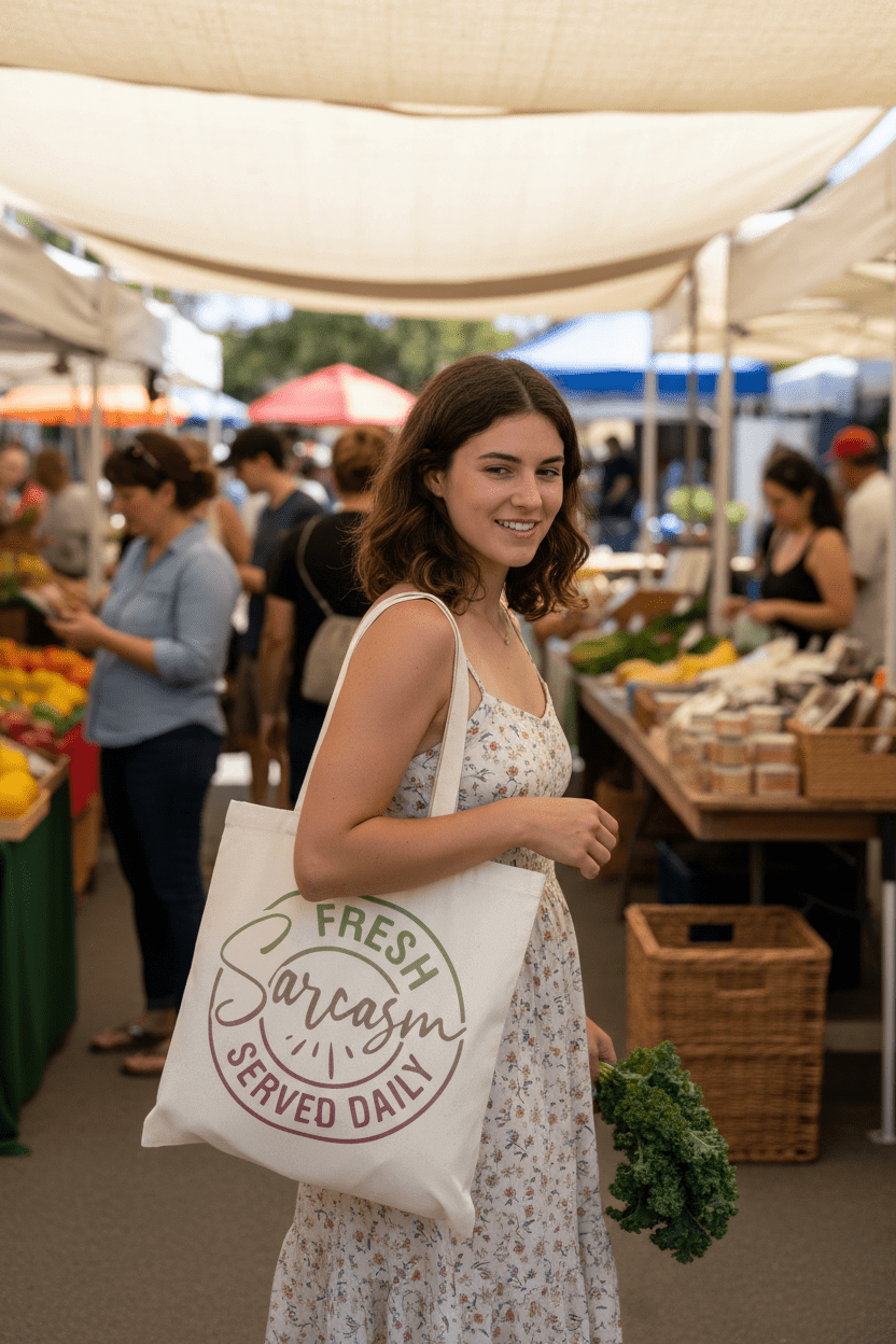 Woman holding a funny canvas tote bag that says 'Fresh Sarcasm Served Daily' at a vibrant farmers market.