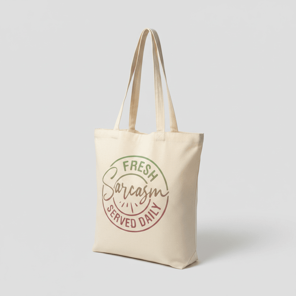 Funny canvas tote bag featuring the quote 'Fresh Sarcasm Served Daily' on natural canvas.