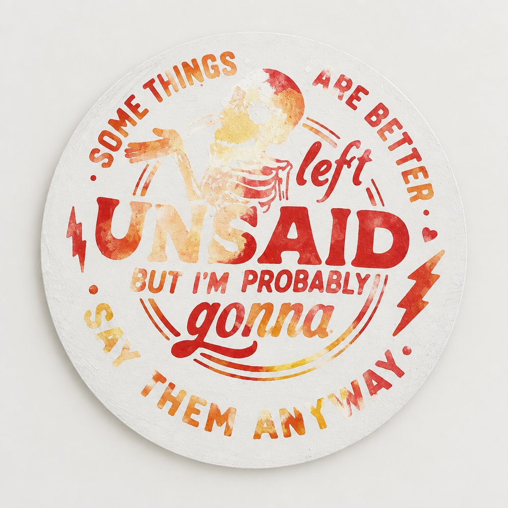Front view of handmade 10-inch round funny sign