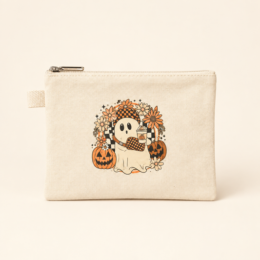 Front view of the cream Halloween ghost and pumpkins canvas zipper pouch