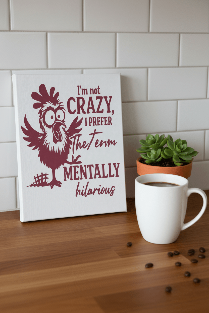 Funny Chicken Canvas Sign – "I'm Not Crazy, I Prefer the Term Mentally Hilarious" | 9x12 Handmade Wall Decor - The Bargains BasementFunny Chicken Canvas Sign – "I'm Not Crazy, I Prefer the Term Mentally Hilarious" | 9x12 Handmade Wall Decor