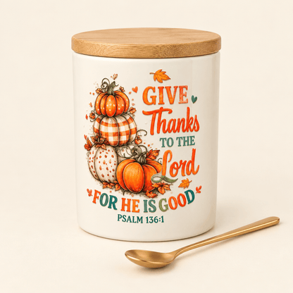 Give Thanks to the Lord Ceramic Mug with Bamboo Lid & Spoon - The Bargains BasementGive Thanks to the Lord Ceramic Mug with Bamboo Lid & Spoon