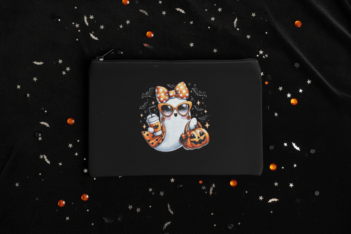 Glam Ghost Halloween Canvas Zipper Pouch | Handmade 8x5 - The Bargains BasementGlam Ghost Halloween Canvas Zipper Pouch | Handmade 8x5