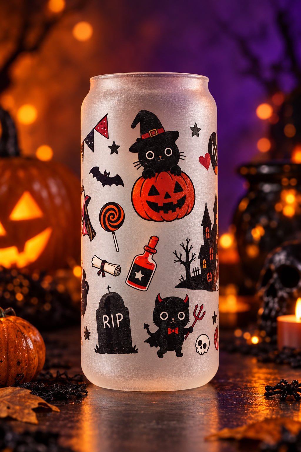 Halloween Cats & Pumpkins Frosted Glass Tumbler - The Bargains BasementHalloween Cats & Pumpkins Frosted Glass Tumbler