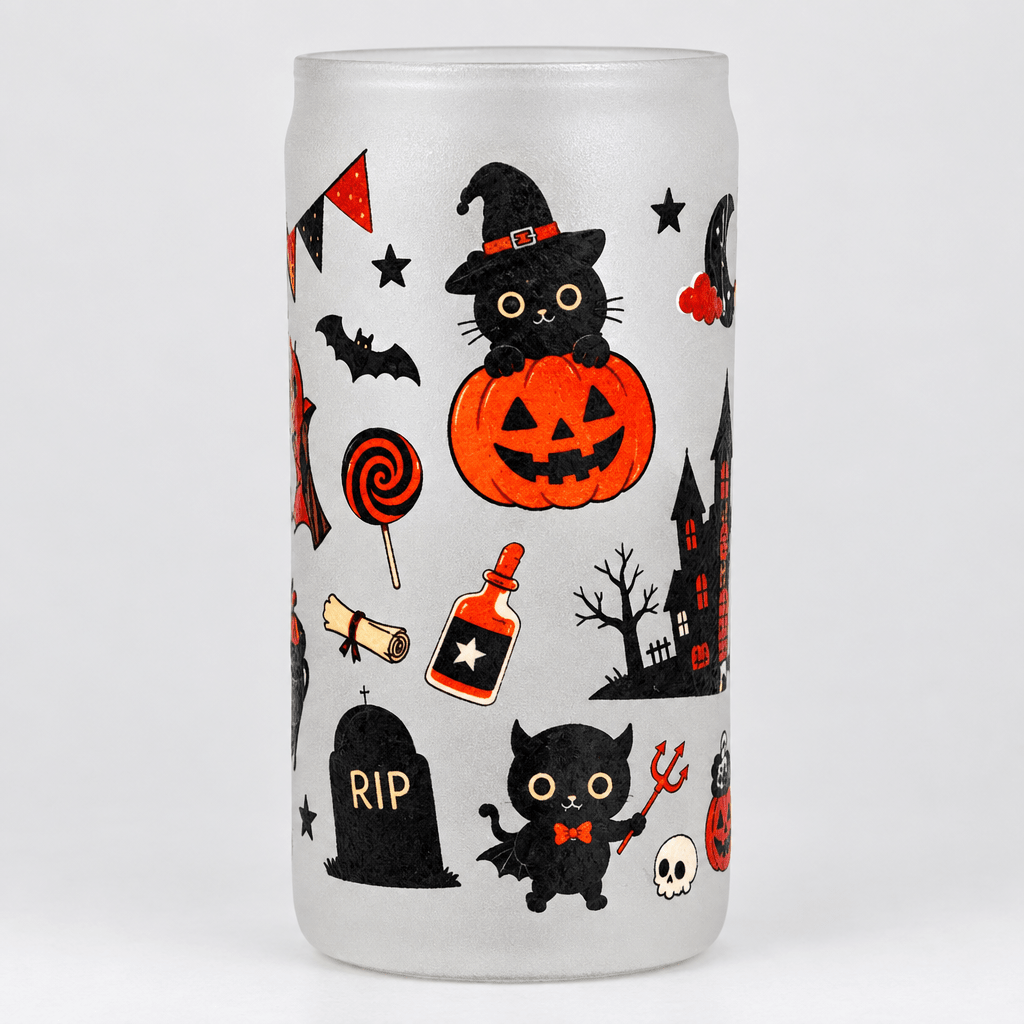 Halloween Cats & Pumpkins Frosted Glass Tumbler - The Bargains BasementHalloween Cats & Pumpkins Frosted Glass Tumbler