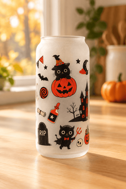 Halloween Cats & Pumpkins Frosted Glass Tumbler - The Bargains BasementHalloween Cats & Pumpkins Frosted Glass Tumbler