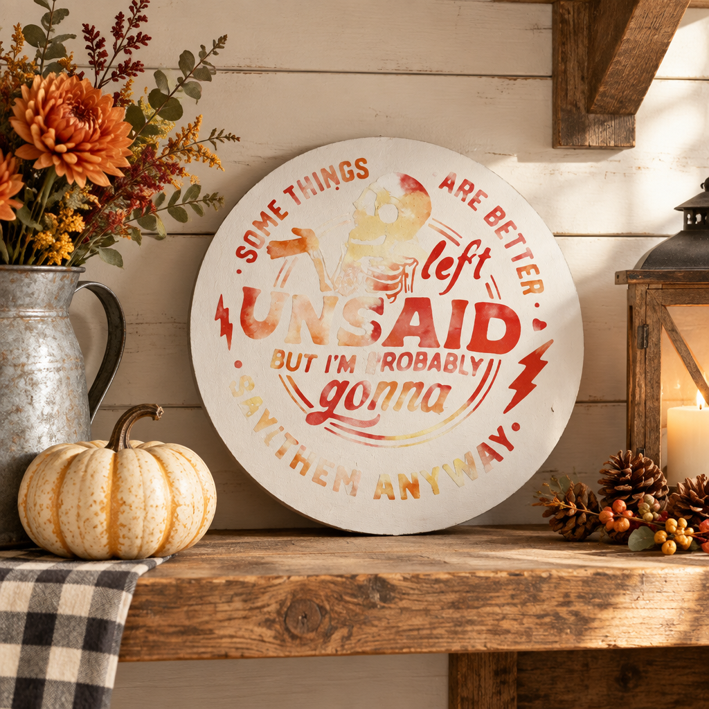 Handmade funny round sign styled on a farmhouse shelf