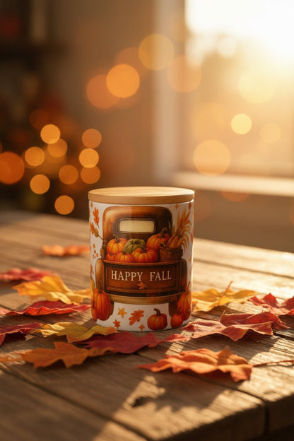 Happy Fall Mug with Bamboo Lid & Gold Spoon - The Bargains BasementHappy Fall Mug with Bamboo Lid & Gold Spoon