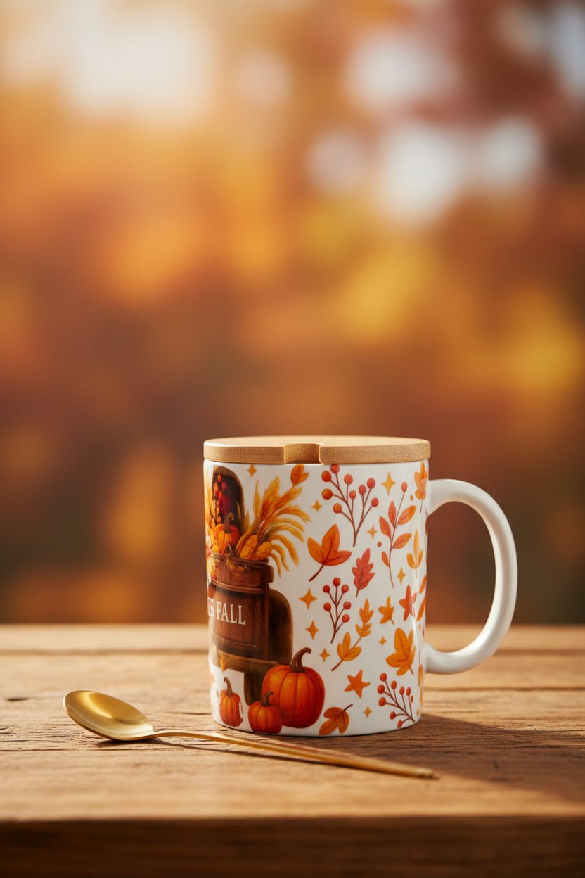 Happy Fall Mug with Bamboo Lid & Gold Spoon - The Bargains BasementHappy Fall Mug with Bamboo Lid & Gold Spoon
