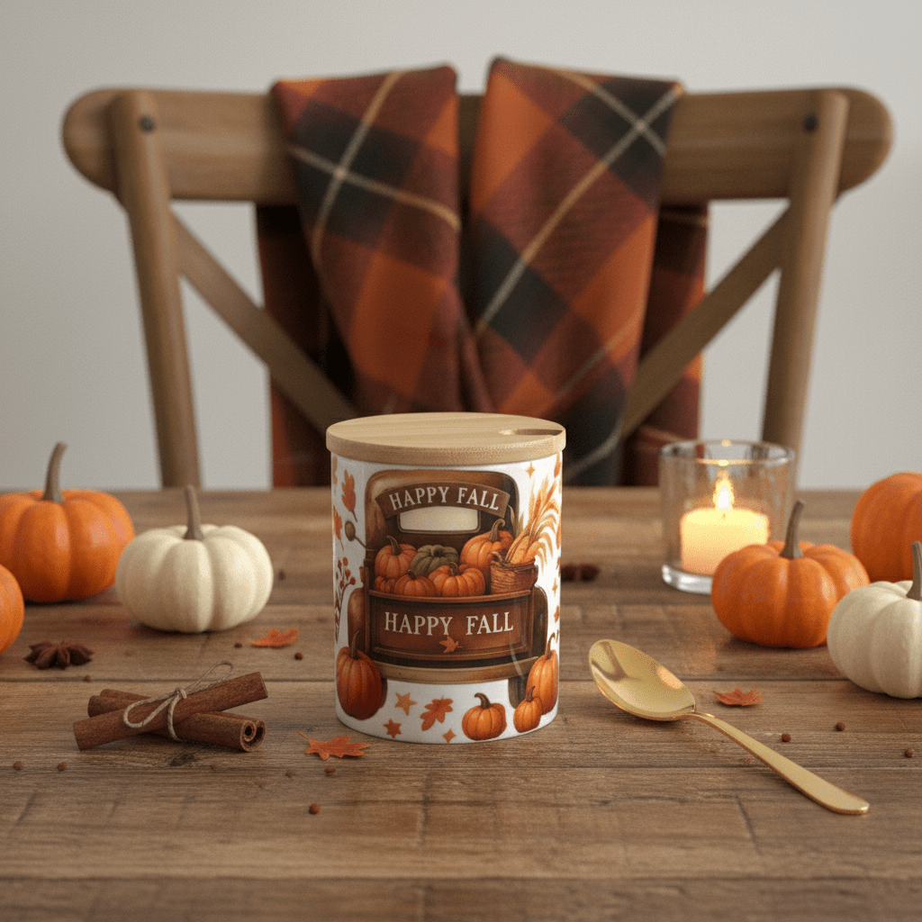 Happy Fall Mug with Bamboo Lid & Gold Spoon - The Bargains BasementHappy Fall Mug with Bamboo Lid & Gold Spoon