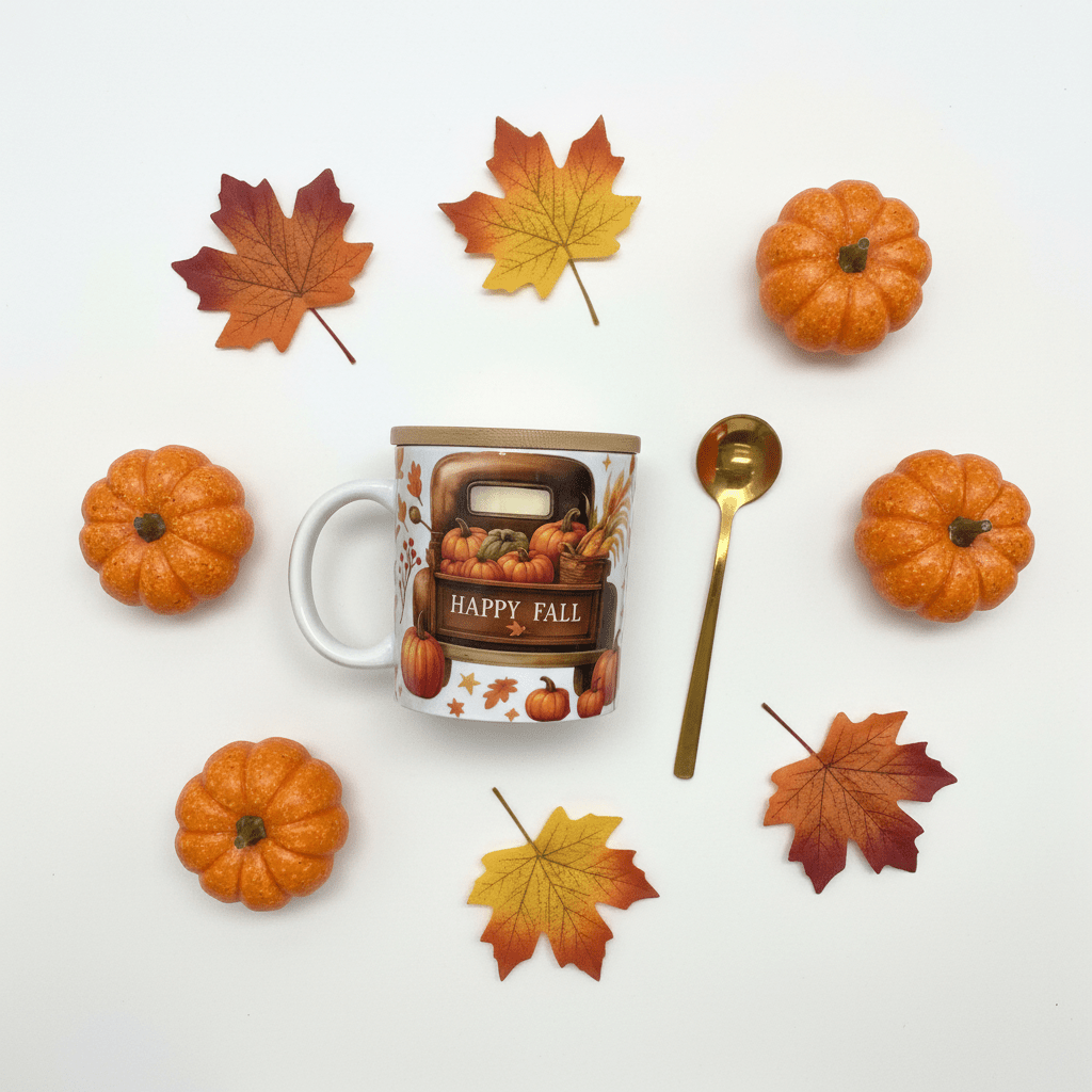 Happy Fall Mug with Bamboo Lid & Gold Spoon - The Bargains BasementHappy Fall Mug with Bamboo Lid & Gold Spoon