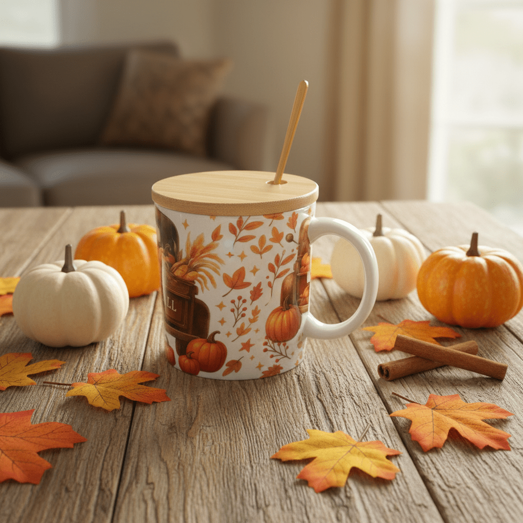 Happy Fall Mug with Bamboo Lid & Gold Spoon - The Bargains BasementHappy Fall Mug with Bamboo Lid & Gold Spoon