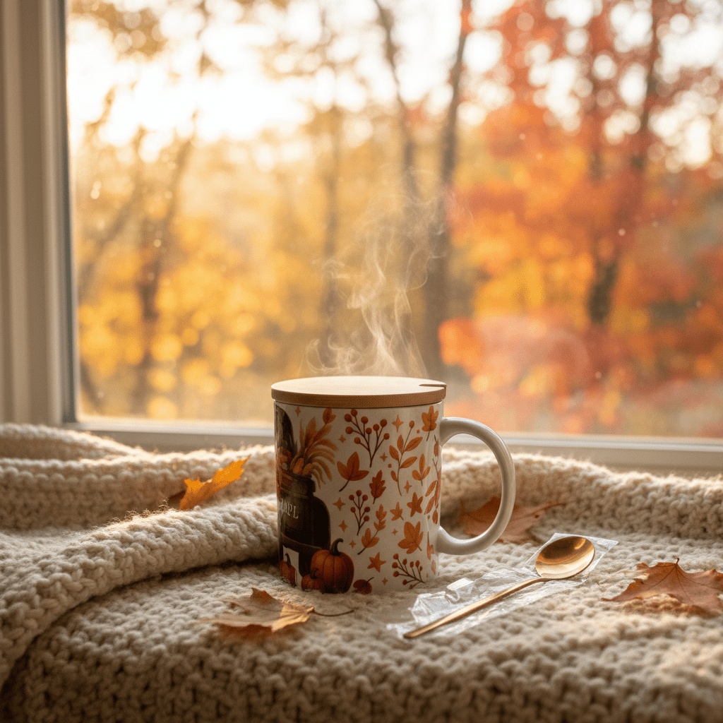 Happy Fall Mug with Bamboo Lid & Gold Spoon - The Bargains BasementHappy Fall Mug with Bamboo Lid & Gold Spoon