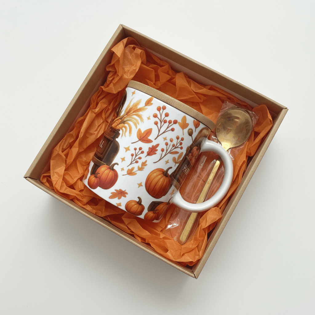 Happy Fall Mug with Bamboo Lid & Gold Spoon - The Bargains BasementHappy Fall Mug with Bamboo Lid & Gold Spoon