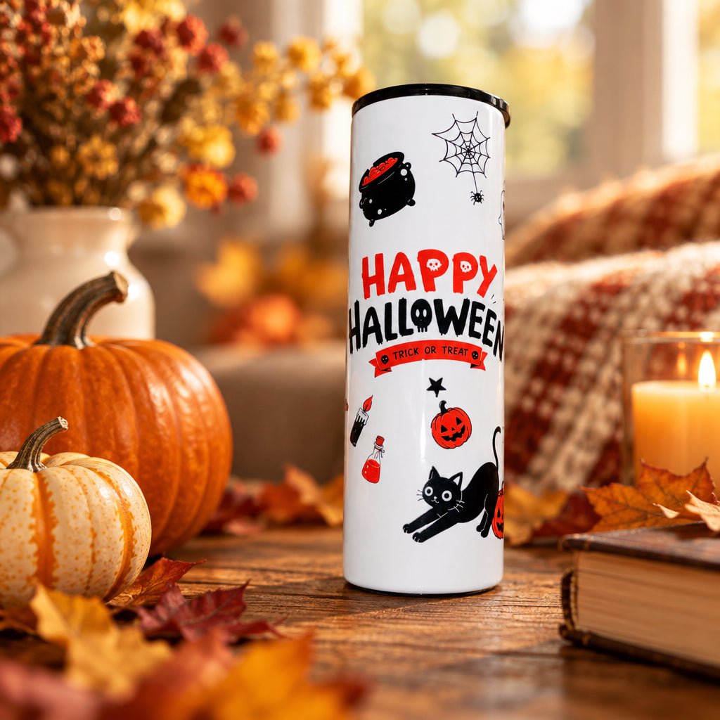 Happy Halloween 20oz Skinny Tumbler – Handmade Halloween Drinkware - The Bargains BasementHappy Halloween 20oz Skinny Tumbler – Handmade Halloween Drinkware