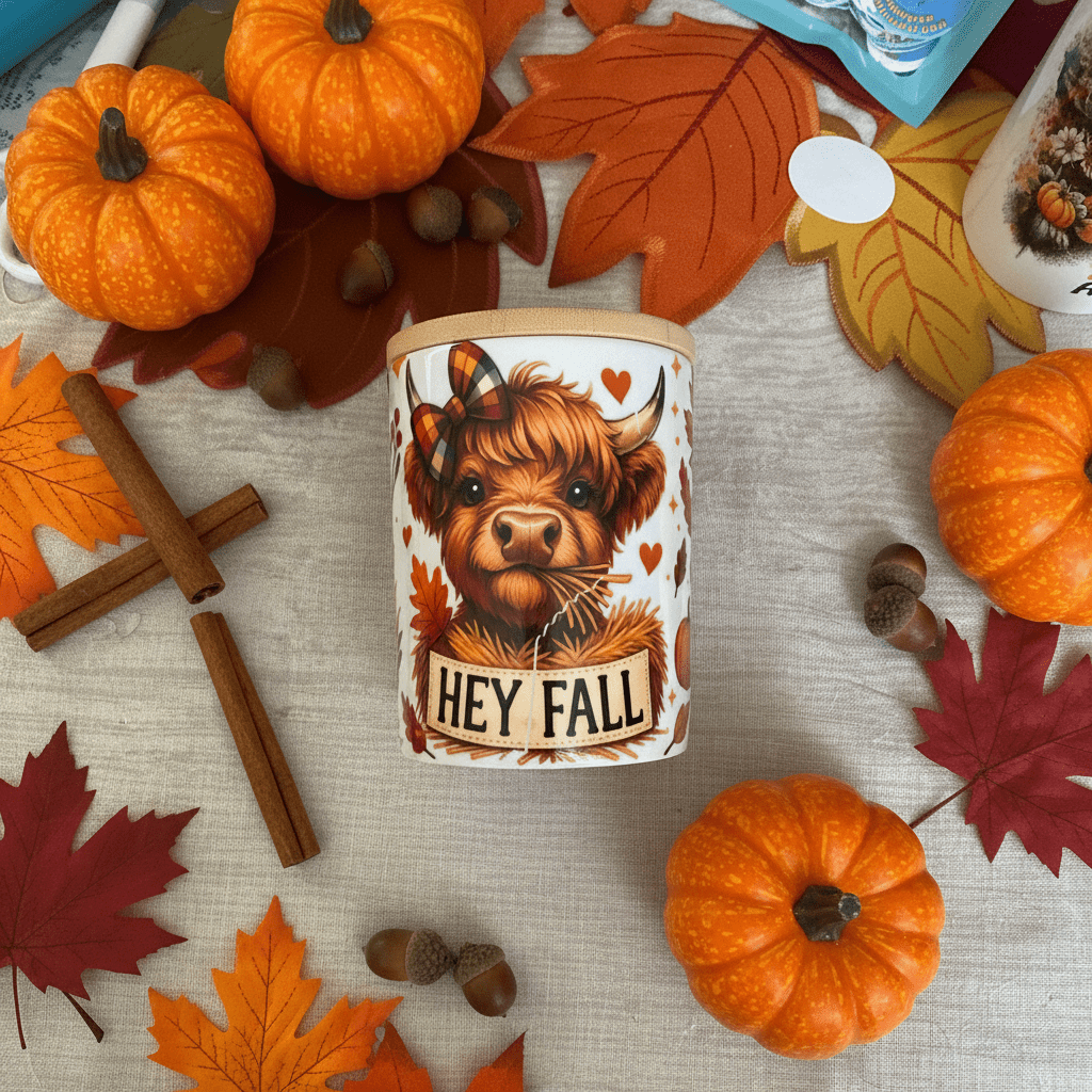 Hey Fall Highland Cow Canister & Fall Leaves Mug Set with Bamboo Lids & Gold Spoon - The Bargains BasementHey Fall Highland Cow Canister & Fall Leaves Mug Set with Bamboo Lids & Gold Spoon