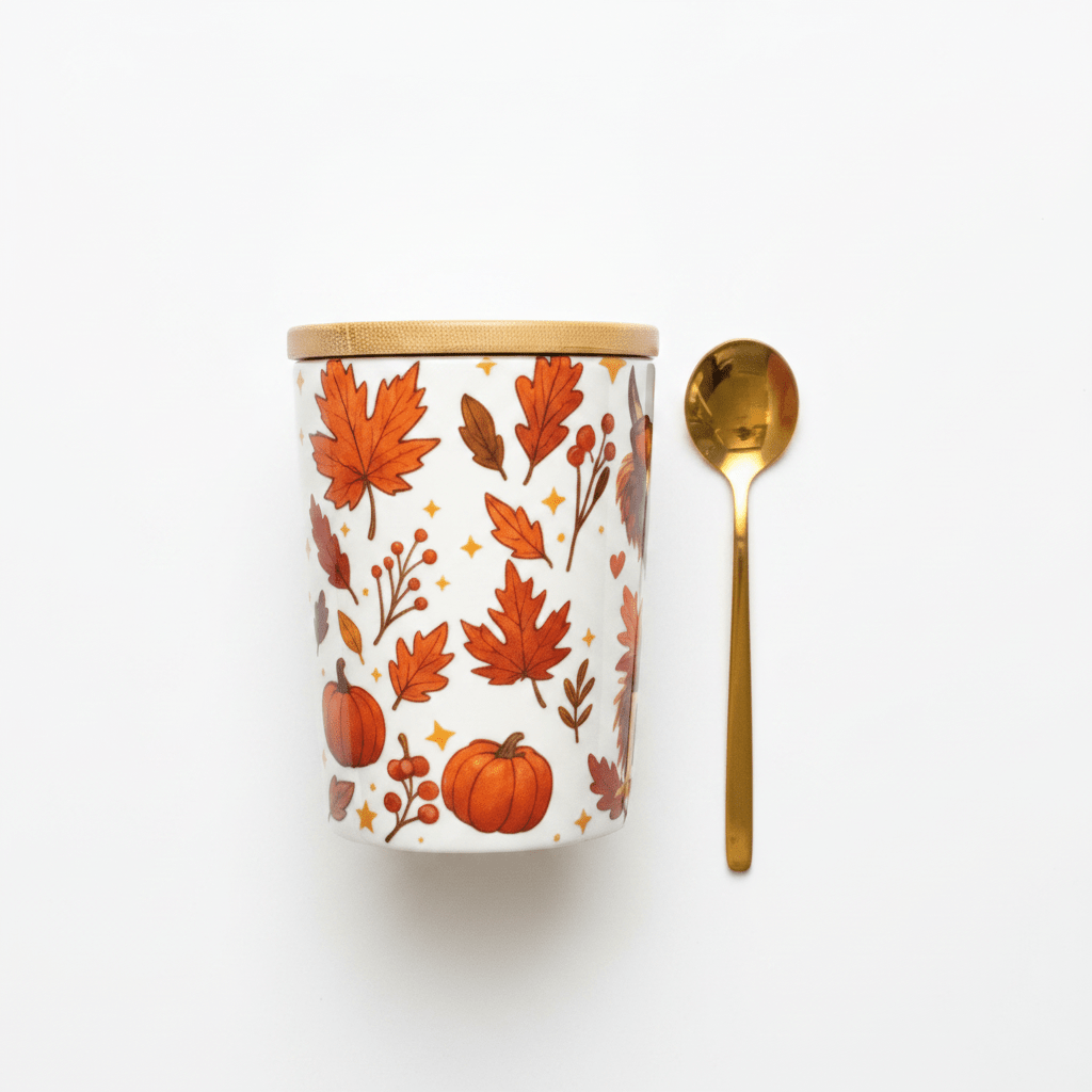 Hey Fall Highland Cow Canister & Fall Leaves Mug Set with Bamboo Lids & Gold Spoon - The Bargains BasementHey Fall Highland Cow Canister & Fall Leaves Mug Set with Bamboo Lids & Gold Spoon