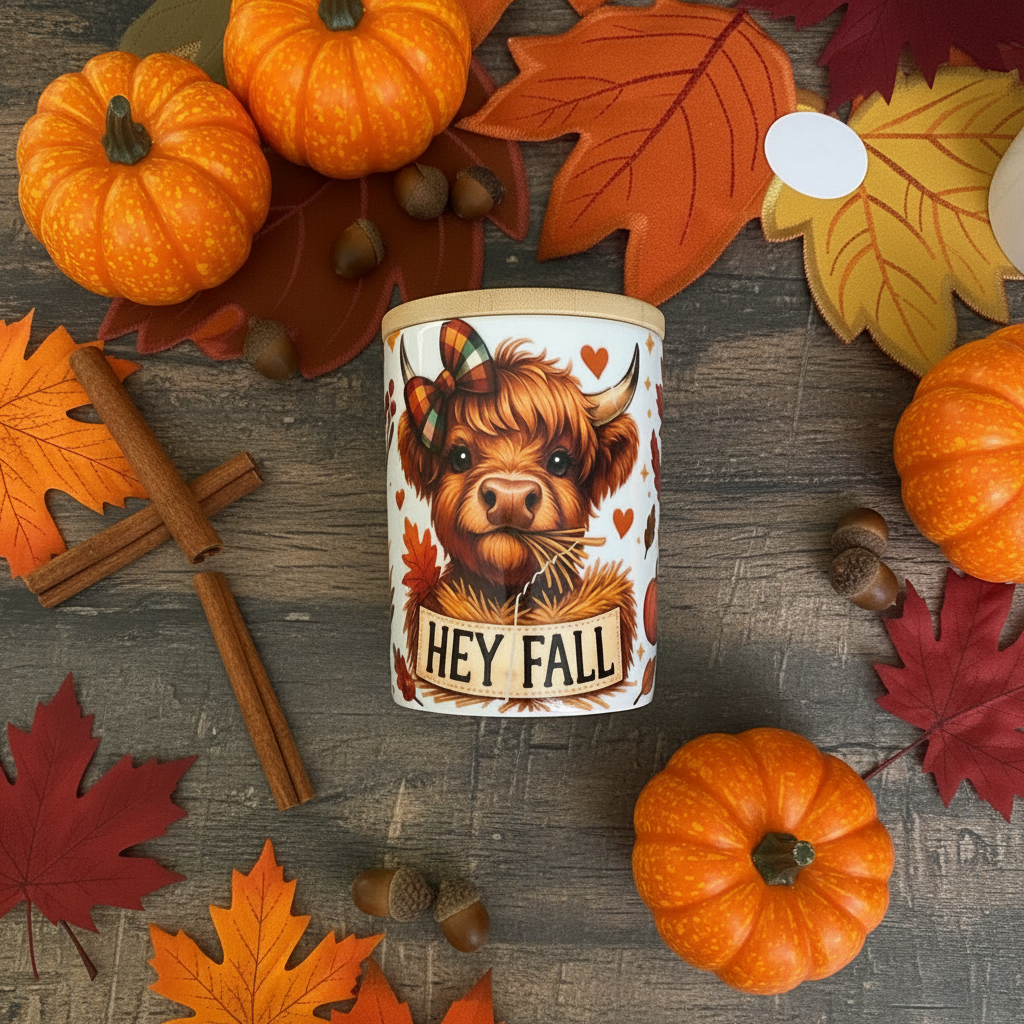Hey Fall Highland Cow Canister & Fall Leaves Mug Set with Bamboo Lids & Gold Spoon The Bargains Basement