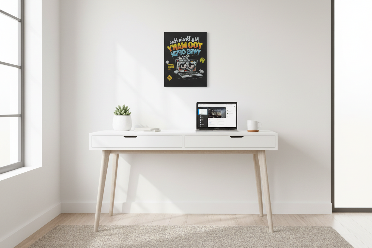 Funny canvas print for stressed minds displayed above a modern desk with a laptop and a potted plant.