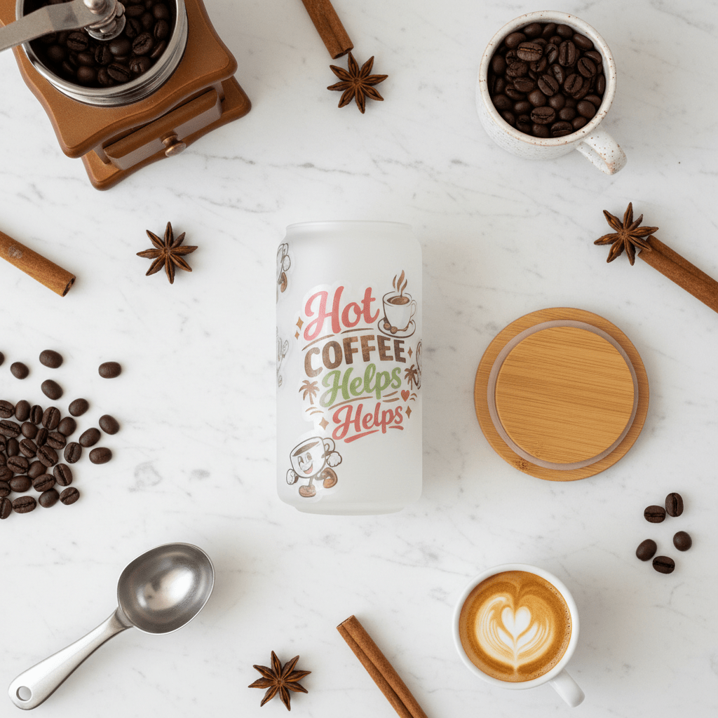 Hot Coffee Helps frosted glass tumbler with bamboo lid surrounded by coffee beans and spices on a marble surface.