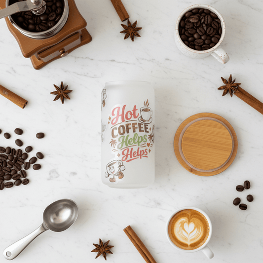 Hot Coffee Helps frosted glass tumbler with bamboo lid surrounded by coffee beans and spices on a marble surface.