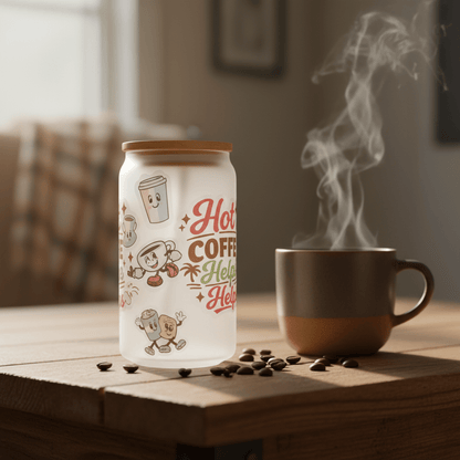 Frosted glass tumbler with bamboo lid featuring 'Hot Coffee Helps' design, stylishly placed with a steaming coffee mug.