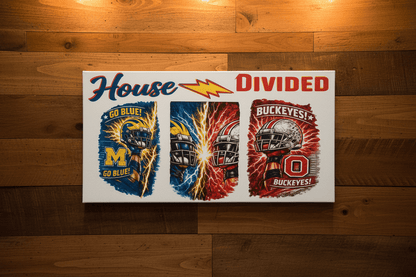 House Divided Michigan vs Ohio State rivalry sign featuring helmets and dynamic artwork, perfect for fans.