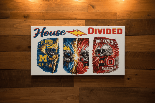 House Divided Michigan vs Ohio State rivalry sign featuring helmets and dynamic artwork, perfect for fans.