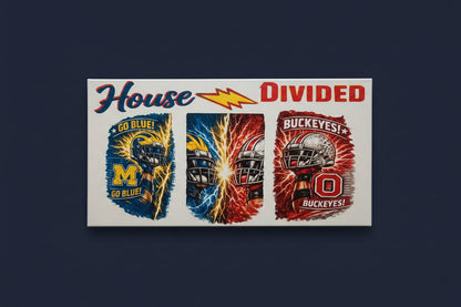 House Divided Michigan vs Ohio State rivalry sign featuring team helmets and vibrant artwork.