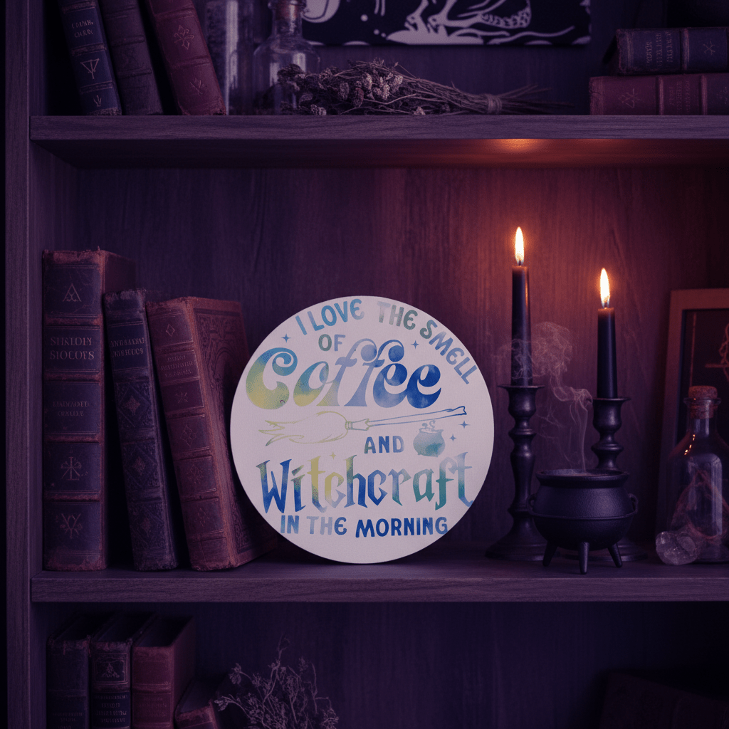 I Love The Smell of Coffee and Witchcraft in the Morning | 8" Round Canvas Sign - The Bargains BasementI Love The Smell of Coffee and Witchcraft in the Morning | 8" Round Canvas Sign
