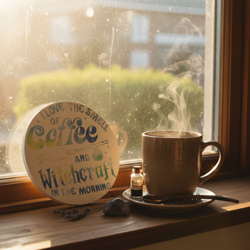 I Love The Smell of Coffee and Witchcraft in the Morning | 8" Round Canvas Sign - The Bargains BasementI Love The Smell of Coffee and Witchcraft in the Morning | 8" Round Canvas Sign