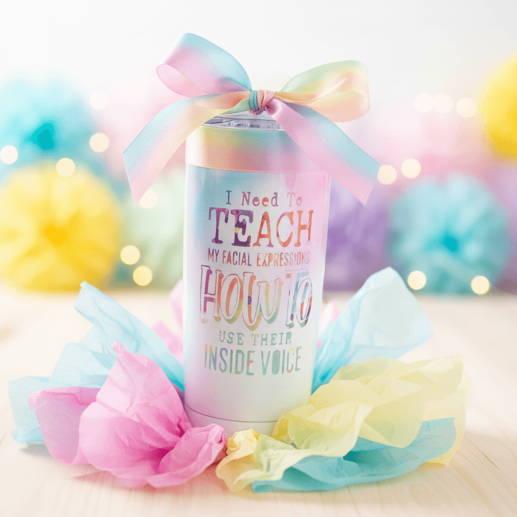 Funny stainless steel tumbler with quote about facial expressions and vibrant pastel design, perfect gift.