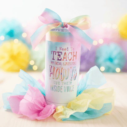 Funny stainless steel tumbler with quote about facial expressions and vibrant pastel design, perfect gift.