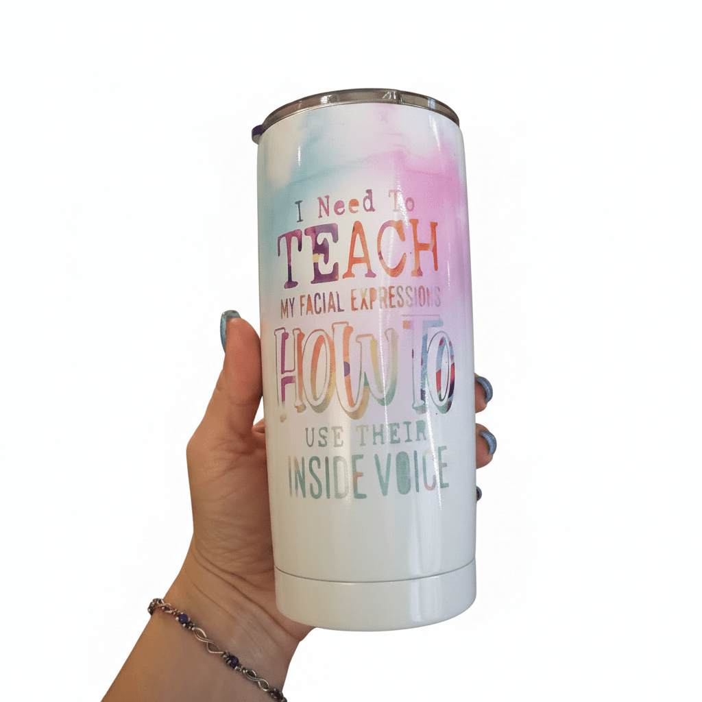 Funny stainless steel tumbler with pastel design and quote about facial expressions and inside voice.