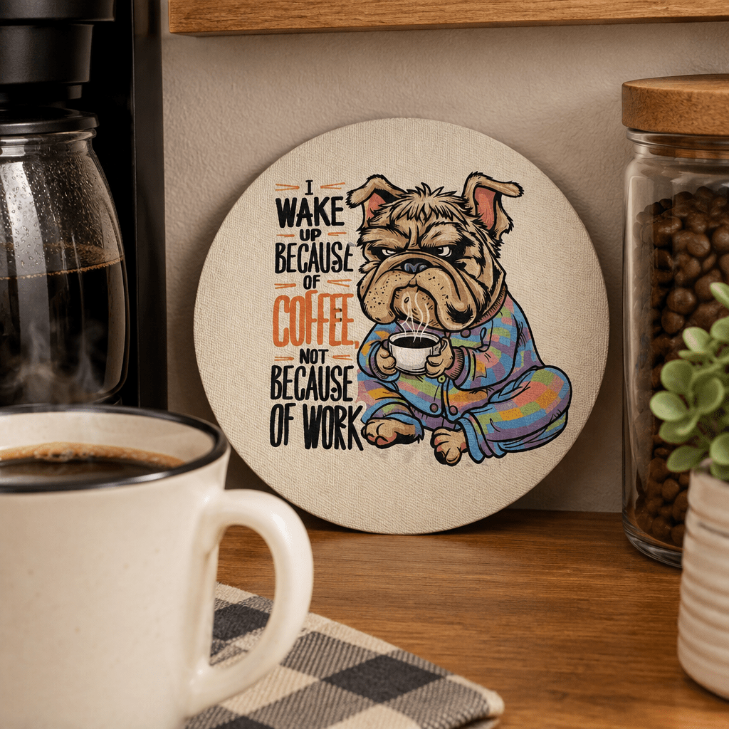 I Wake Up Because of Coffee 6-Inch Round Sign | Bulldog Decor - The Bargains BasementI Wake Up Because of Coffee 6-Inch Round Sign | Bulldog Decor